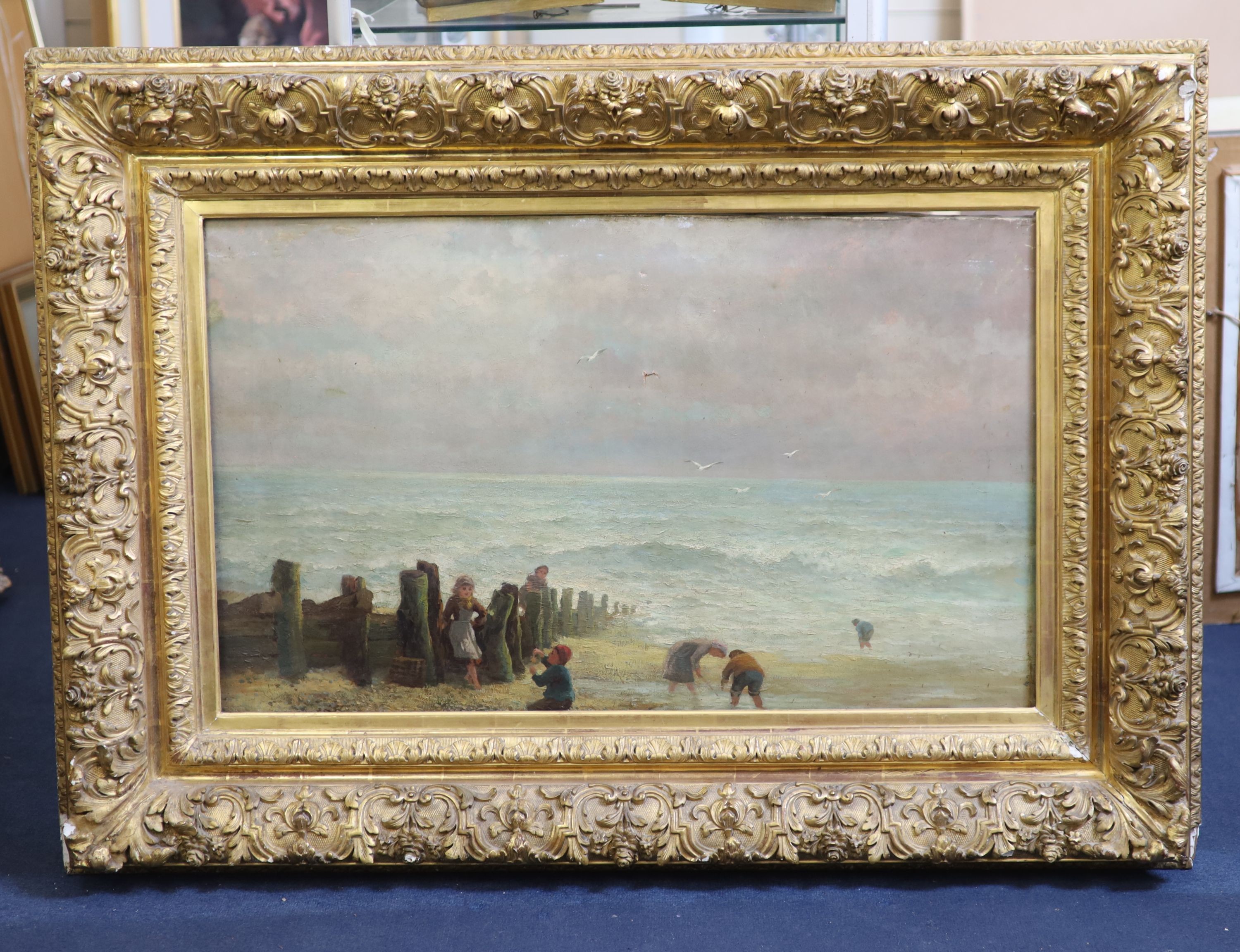 After Eugene Boudin, oil on canvas, children on the beach, 1899 Exposition Eugene Boudin label verso, 61 x 92cm.